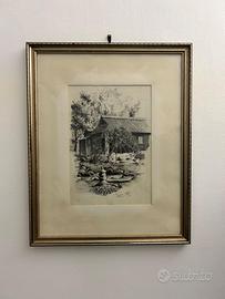 Stampa vintage firmata – casa di campagna con paes