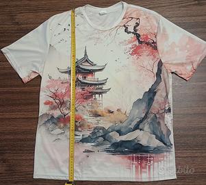 T-shirt nuova con stampa pagoda e ciliegi 