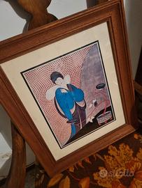 Quadro giapponesina con fiore nero e maiolica