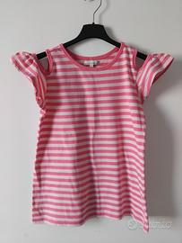 T-Shirt Panna E Rosa A Righe Con Volants Bambina