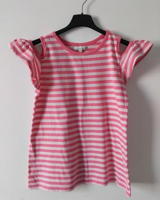 T-Shirt Panna E Rosa A Righe Con Volants Bambina