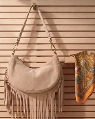 borsa mezzaluna frange vera pelle scamosciata