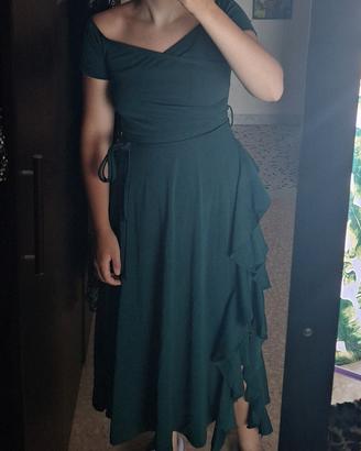 Abito verde elegante lungo maniche corte spacco