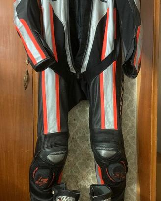 tuta da moto intera spyke nero-argento-rosso