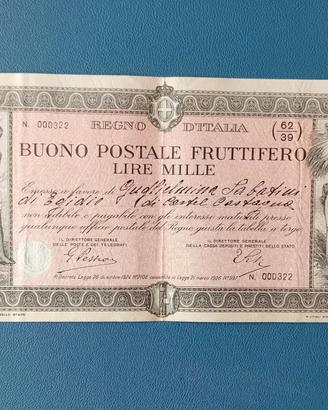 Buono Postale Fruttifero 1000 Lire 1932 Colledara