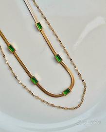Doppia collana donna oro brillanti zirconia verde 