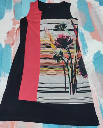 abito con stampa floreale e righe fucsia/nero