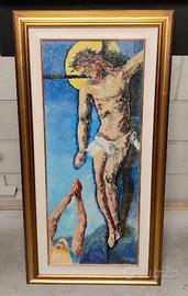 Dipinto Gesù in croce con donna in preghiera