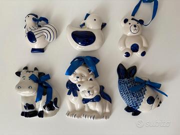 lotto 6 decorazioni ceramica bianco blu animali
