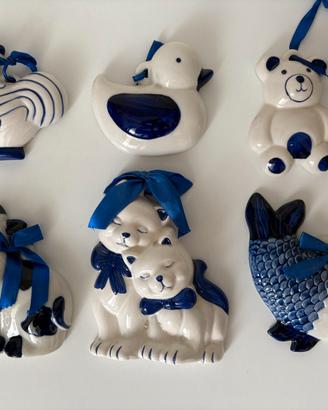 lotto 6 decorazioni ceramica bianco blu animali