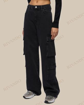 Jeans cargo nero donna con tasche laterali 