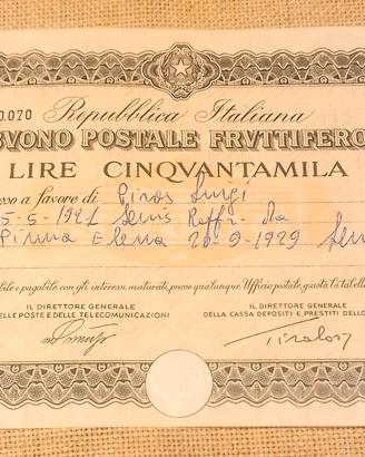BUONO FRUTTIFERO POSTALE LIRE  50000