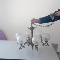 Lampadario vintage ottone/bronzo e vetro