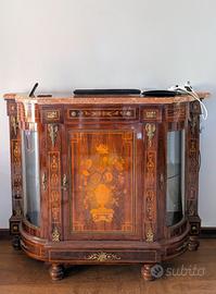 Credenza antica in legno intarsiato e marmo
