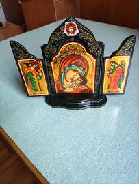 Trittico Icona Russa Palekh Dipinto a Mano - Madon