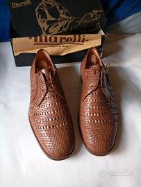 Scarpe uomo trecciate, vero cuoio marrone, num. 39