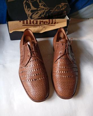 Scarpe uomo trecciate, vero cuoio marrone, num. 39