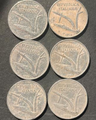 6 Monete 10 Lire "Spighe" Anni 1951 - 1955