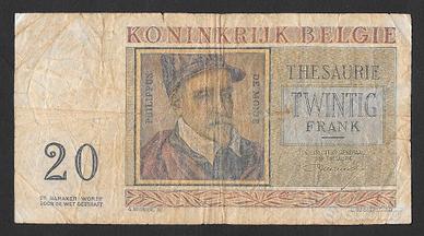 BANCONOTA 20 FRANCHI BELGIO DEL 1956
