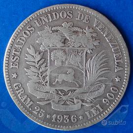 VENEZUELA 1936 Moneta 5 Bolivares Argento BB