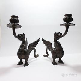 Coppia di Candelieri Zoomorfi Draghi in bronzo XIX