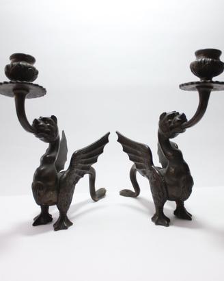 Coppia di Candelieri Zoomorfi Draghi in bronzo XIX