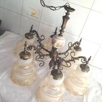 Lampadario Anni 40 Vetro Ottone Porcellana Raro