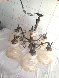 Lampadario Anni 40 Vetro Ottone Porcellana Raro