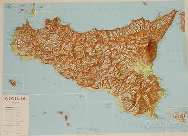 Cartina Geografica 3D Rilievo Sicilia Vintage 