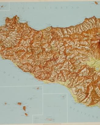 Cartina Geografica 3D Rilievo Sicilia Vintage 