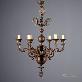 Lampadario Olandese a Sei Luci in Bronzo