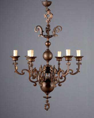 Lampadario Olandese a Sei Luci in Bronzo
