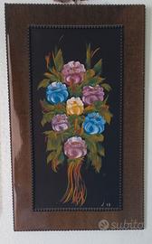 Quadro con fiori, dipinto su legno con cornice