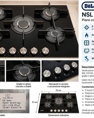 Piano cottura De'Longhi 5 fuochi Vetro nero 