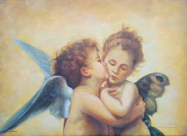 Quadro su tela a mano il primo bacio angeli 