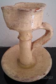Antico portacandele bugia in terracotta smaltata -