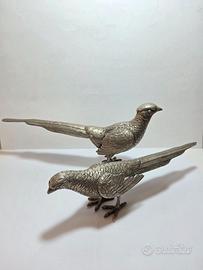 Coppia Sculture Fagiani Metallo Argentato Metà XX