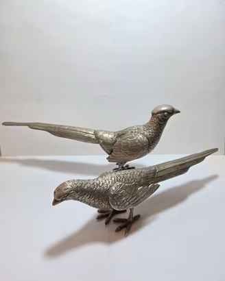 Coppia Sculture Fagiani Metallo Argentato Metà XX