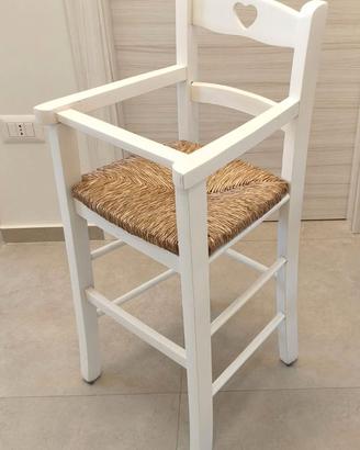 Seggiolone in legno bianco seduta in paglia- Usato