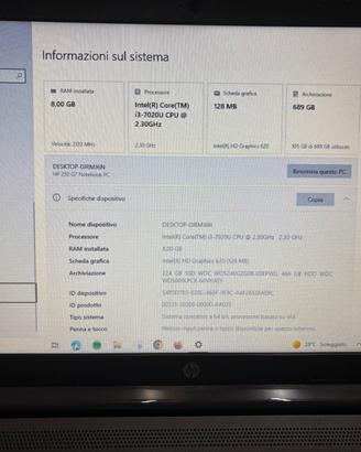 HP 250 G7 Notebook i3 8gb Ram Windows 10 pro 689gb