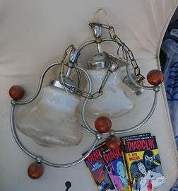 Coppia lampadari vetro e acciaio vintage anni '70