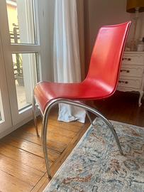 Sedia design rossa, cuoio / eco pelle / acciaio