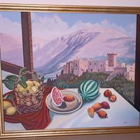 Quadro Olio su Tela,Borgo siciliano e Natura Morta