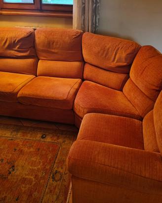 Divano 5posti angolare,tessuto arancione alcantara