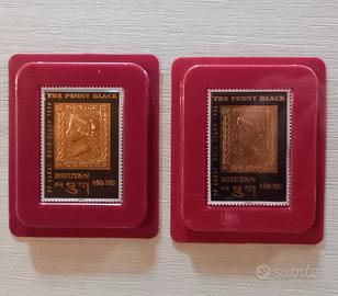 2 Francobolli Oro 22K Bhutan "The Penny Black"