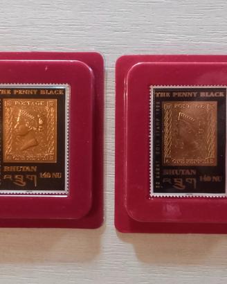 2 Francobolli Oro 22K Bhutan "The Penny Black"