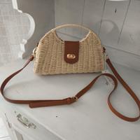 Borsa donna intrecciata vimini e pelle Beige 