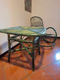 Sedia a dondolo + tavolino in vimini verde vintage