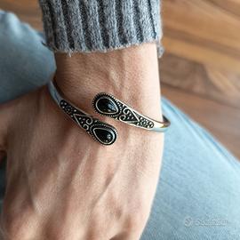 Bracciale Rigido Etnico - Argento e Pietre Nere a 