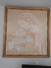 Grande quadro fatto ad uncinetto . madonna e Gesù 
